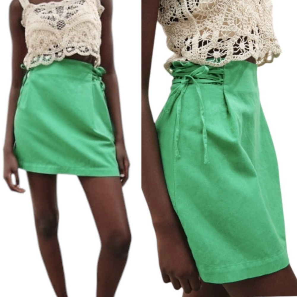 Zara Kelly Green Linen Blend Lace Up Bow Tie Mini Skirt - S